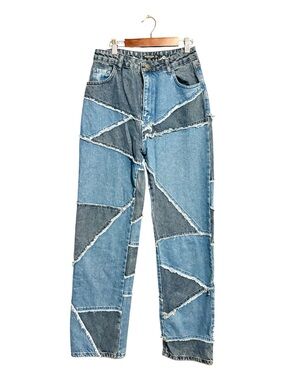 NASTY GAL Patchwork Back Lace-up Two-Tone Blue Jeans